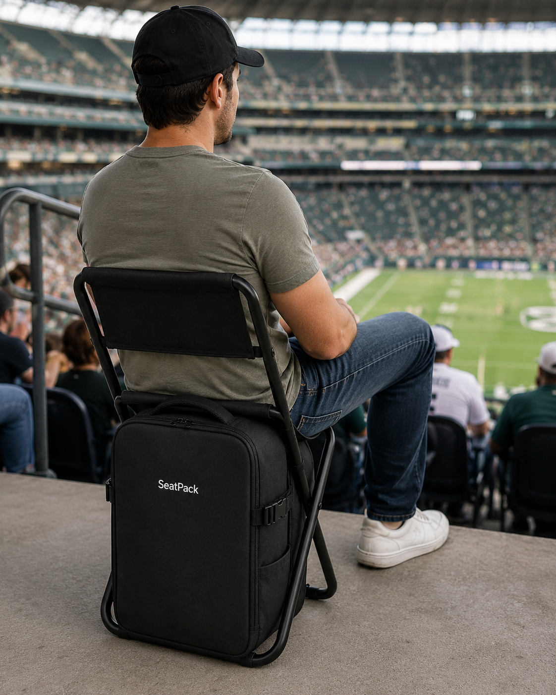 Espectador sentado en SeatPack en un recinto donde se permite este tipo de asiento