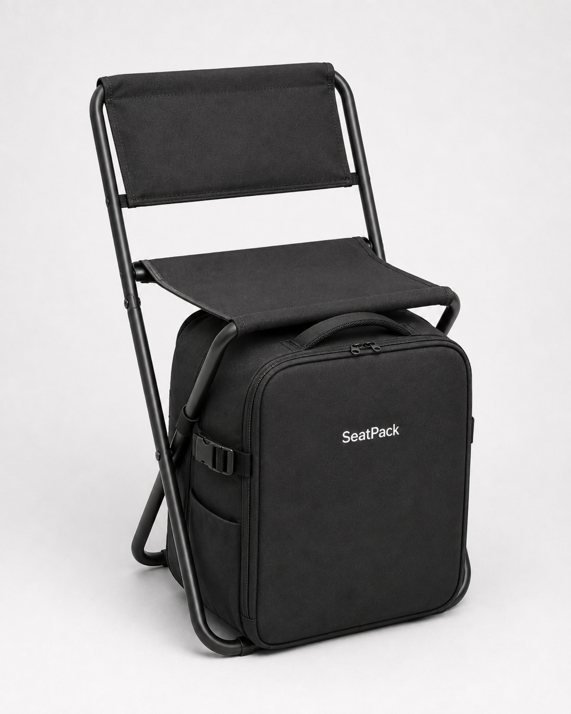 SeatPack desplegado como asiento portátil de altura convencional con respaldo