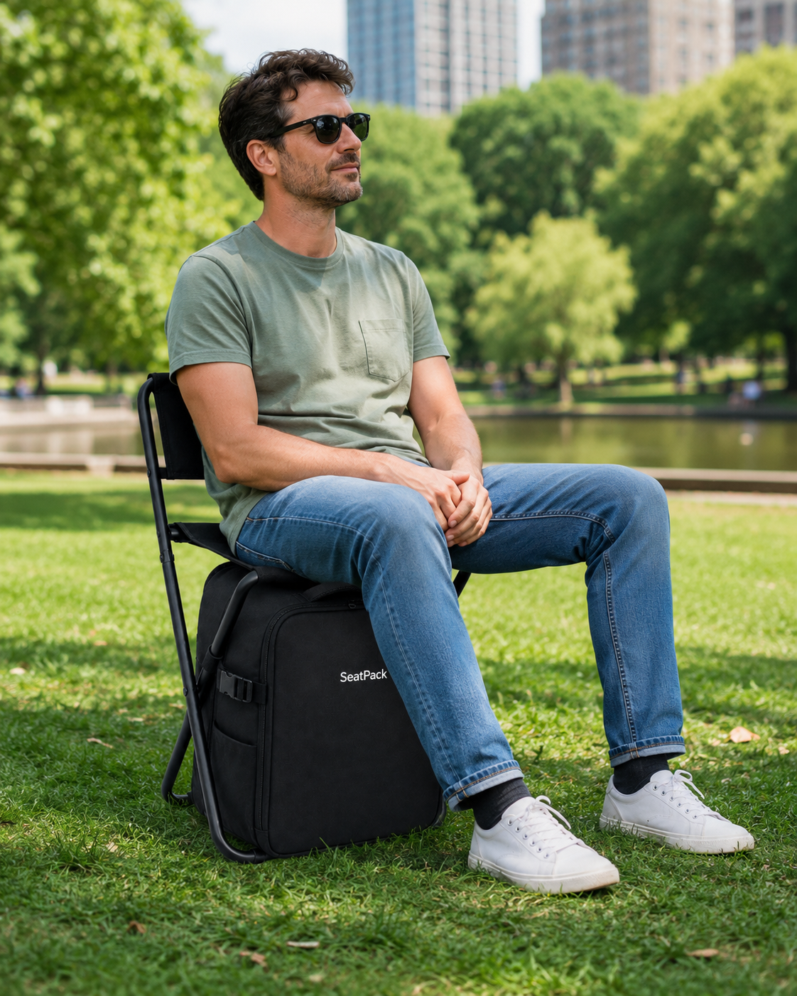 Hombre utilizando SeatPack como asiento portátil en un parque