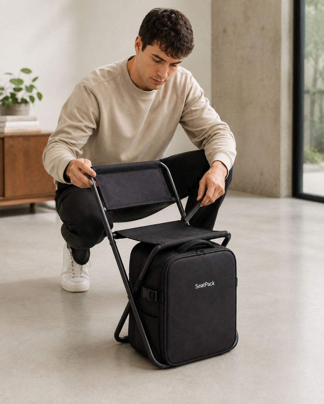 Hombre desplegando la estructura oculta de asiento de SeatPack