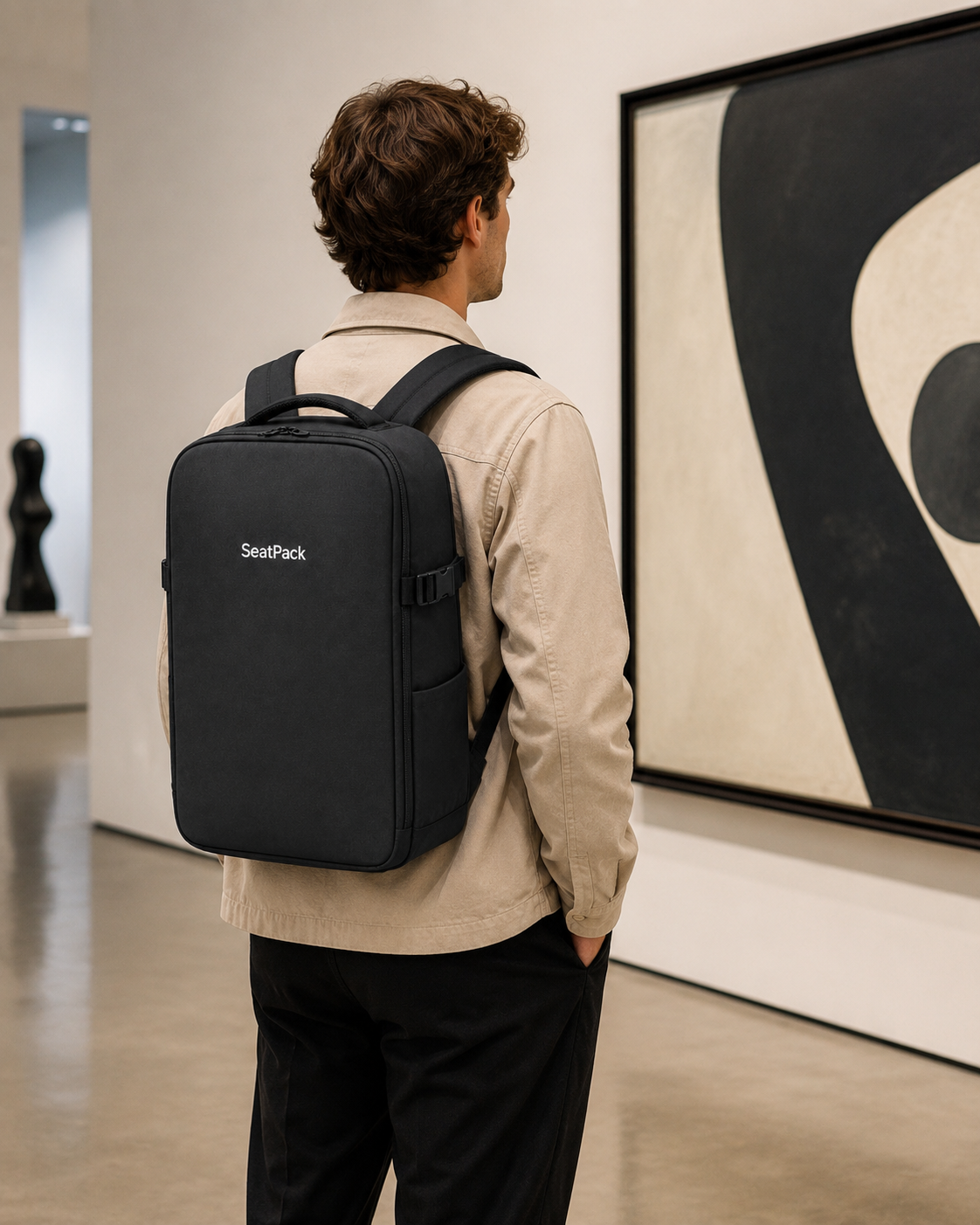 Visitante llevando SeatPack como mochila en un museo