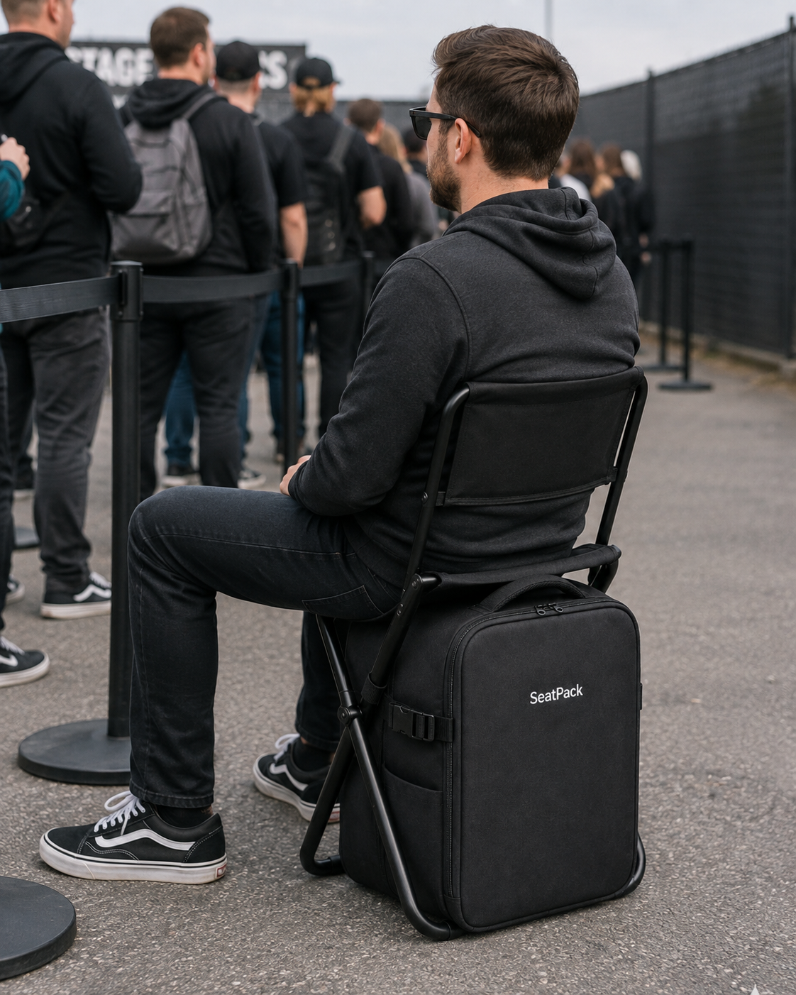 Hombre sentado en SeatPack mientras espera en una cola
