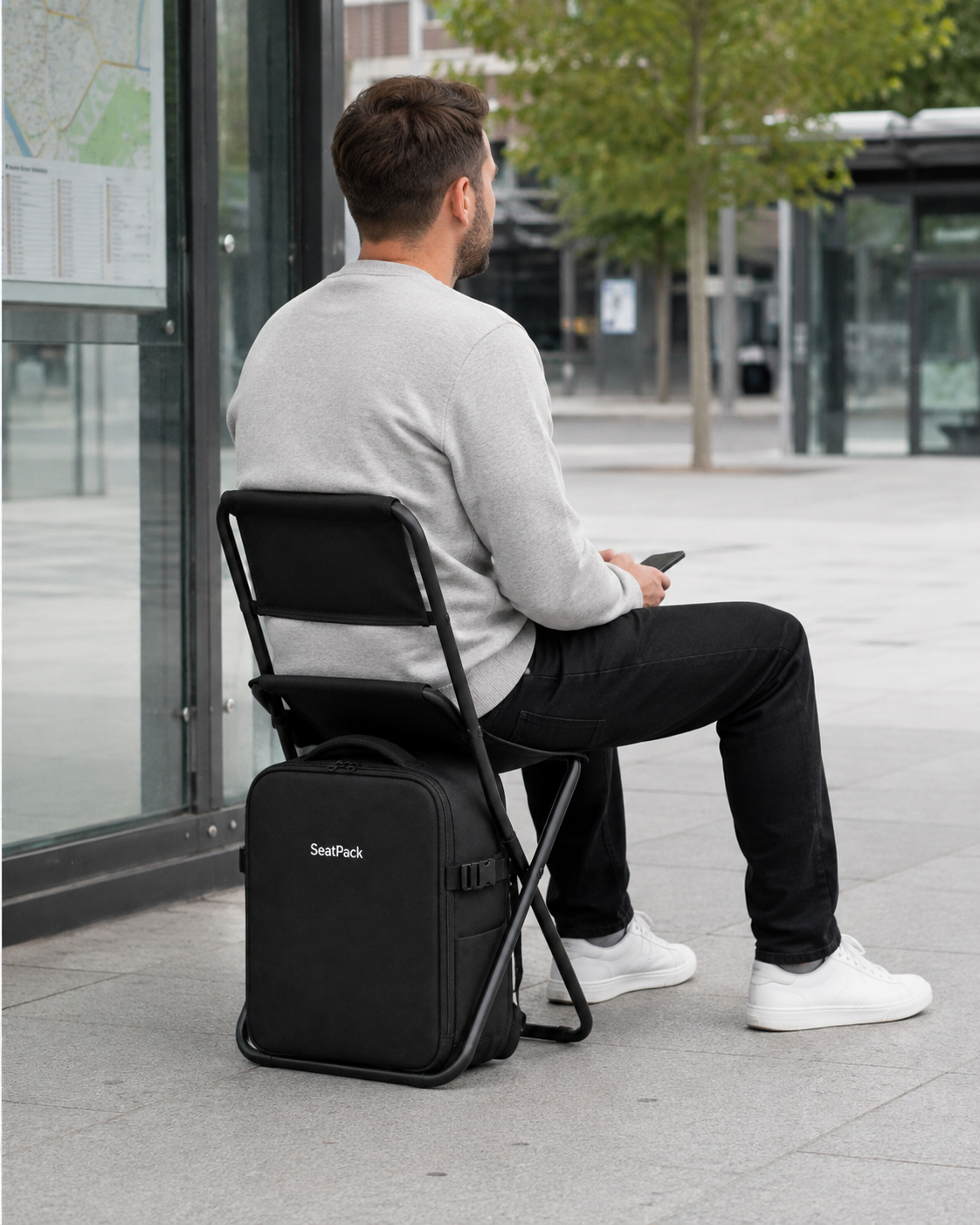Hombre sentado en SeatPack mientras espera en una parada de transporte urbano